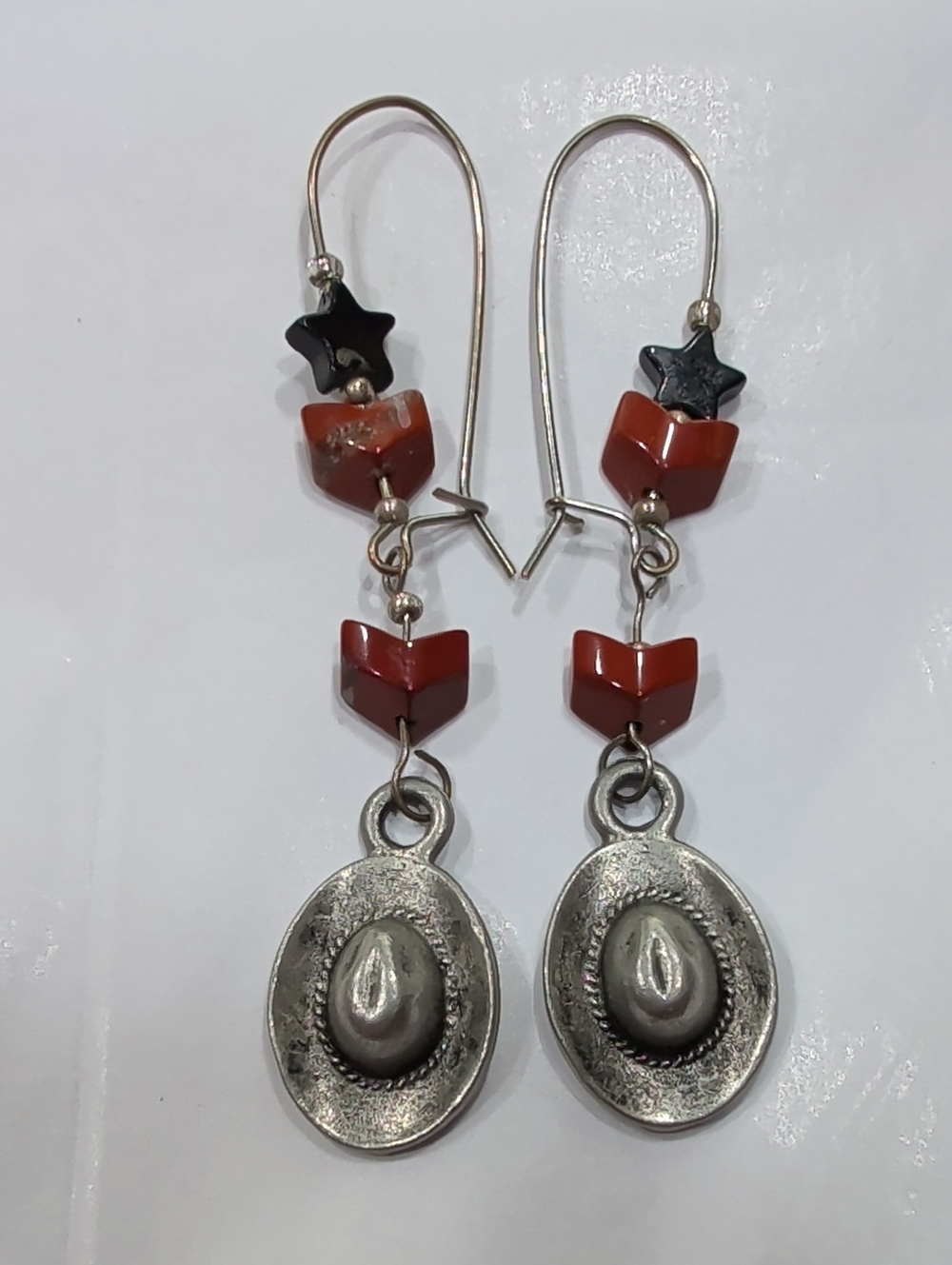 Red Bead Dangle Earrings with Silver-Tone Cowboy Hats
